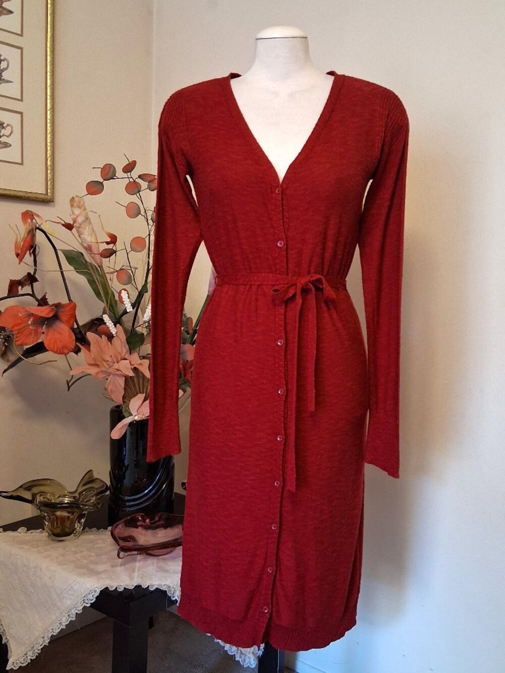 NWOT Kensie Button Front Knit Cardigan Red Cashmere Sweater Midi Dress 10 M